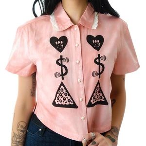 Lazy Oaf Love Money Pizza button up crop top pink tie dye